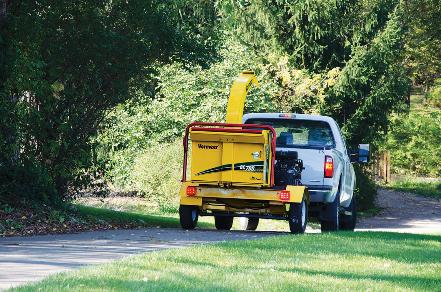 Vermeer BC700 brush chipper on the road